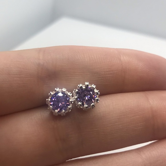 Sterling Silver 925 Purple CZ Stud Earrings - Picture 3 of 5